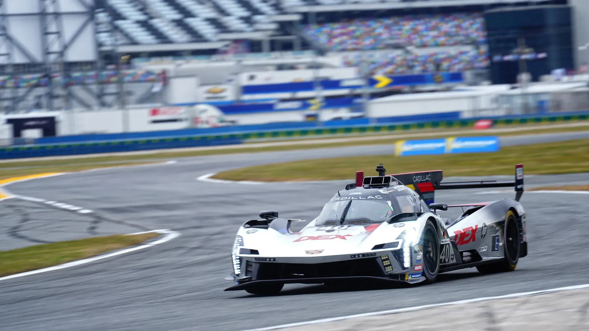 The #40 Cadillac in the day time at Daytona International Speedway.