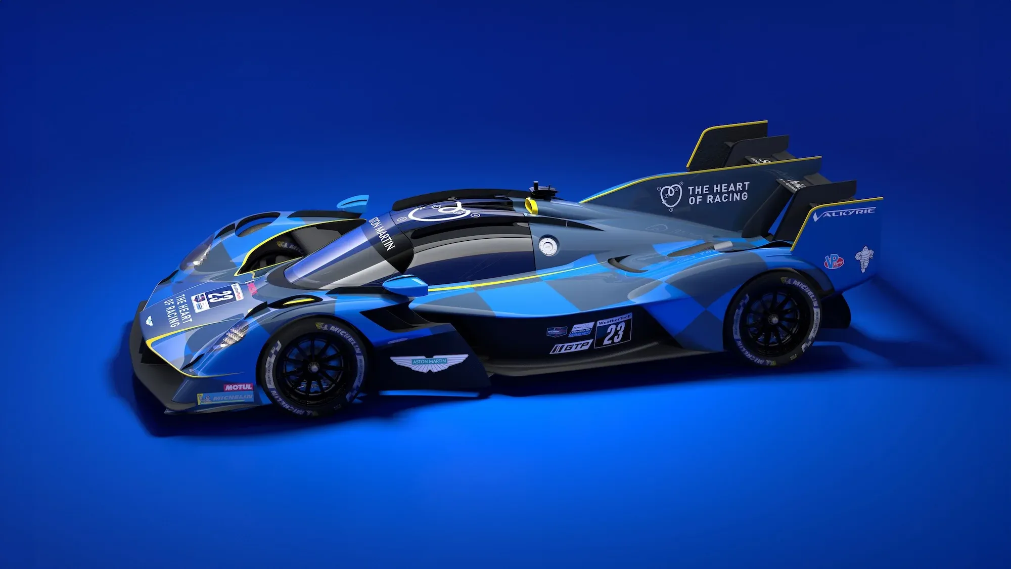 An image of the Aston Martin Valkyrie AMR-LMH, in its blue IMSA livery.