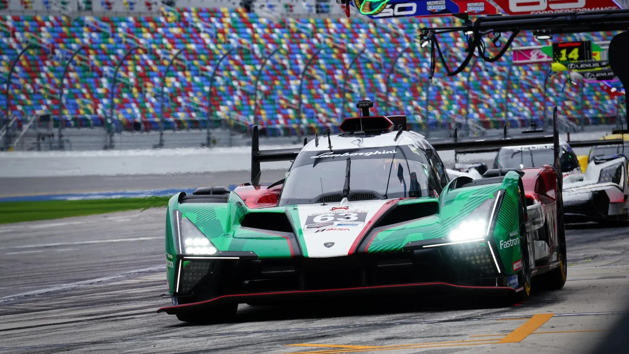 A Lamborghini SC63 in the pit lane at Daytona International Speedway, 2025.